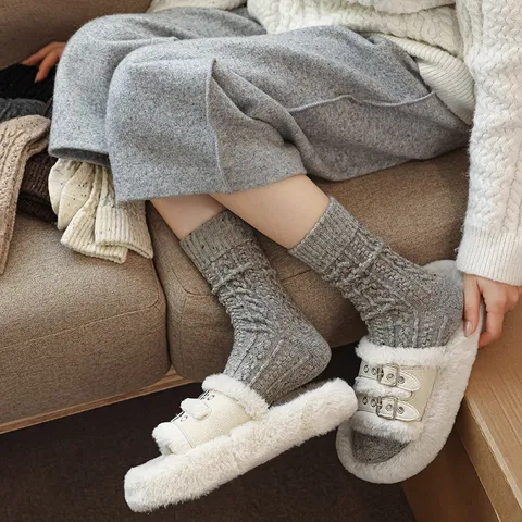 Women Winter Thickened Cable Knit Warm Wool Blend Crew Socks Solid Color Soft Slouch Long Socks