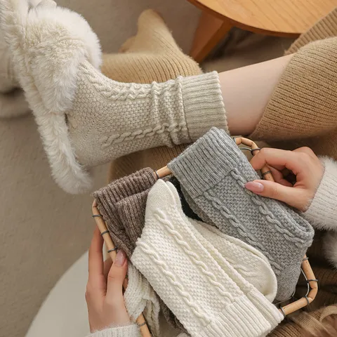 Women Winter Warm Wool Blend Cable Knit Mid Tube Socks Vintage Solid Color Slouch Casual Crew Socks