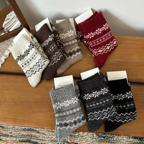 Damen Vintage Wollmischung Crew Socken Fair Isle Schneeflocke Geometrische Strick Socken Winter Dick Warm Casual Wadenlang Socken
