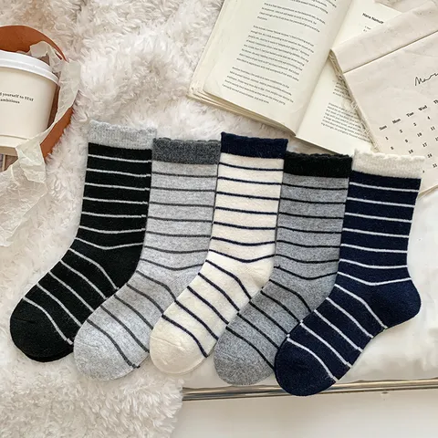 Damen Winter Gestreifte Socken Dicke Warme Nylon Strickstrümpfe Preppy Stil Mittelhoch Strumpfwaren Für Kaltes Wetter Alltag