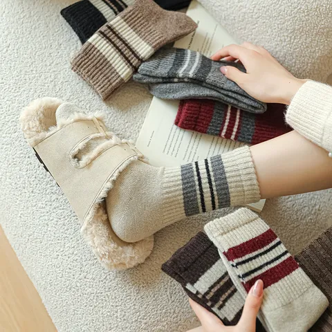 Women Winter Warm Striped Wool Blend Mid Tube Socks Preppy Style Casual Daily Fashion Soft Cozy Hosiery