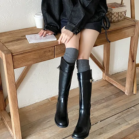 Chaussettes Cuissardes Décontractées en Coton Côtelé pour Femmes Tendance Plissées Tube Haut Chaud Couleur Unie Longues