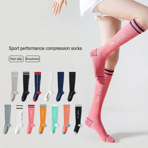 Damen Wadenhohe Kompressions-Sportsocken Gekämmte Baumwolle Buchstabe Gestreifte Fitness Socken Atmungsaktive Turnsocken Laufsocken
