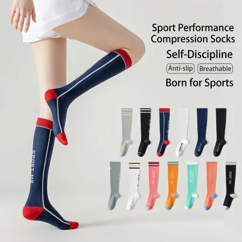 Damen Wadenhohe Kompressions-Sportsocken Gekämmte Baumwolle Buchstabe Gestreifte Fitness Socken Atmungsaktive Turnsocken Laufsocken