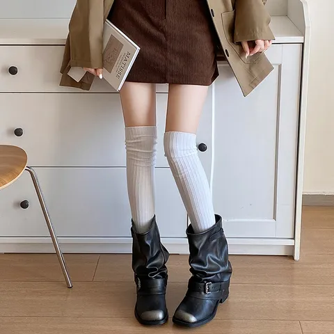 Chaussettes Cuissardes Décontractées en Coton Côtelé pour Femmes Tendance Plissées Tube Haut Chaud Couleur Unie Longues