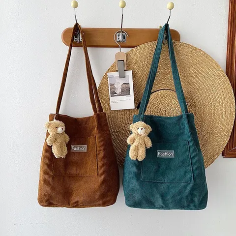 Koreanische Mode Cord Einkaufstasche Große Kapazität Samt Eimertasche Süße Damen Schulterhandtasche Lässige Stofftasche