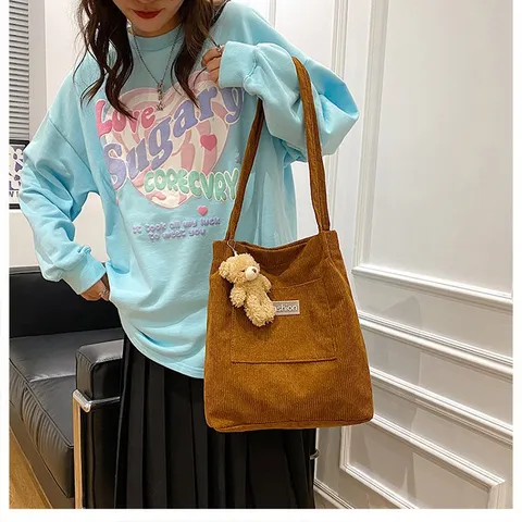 Koreanische Mode Cord Einkaufstasche Große Kapazität Samt Eimertasche Süße Damen Schulterhandtasche Lässige Stofftasche