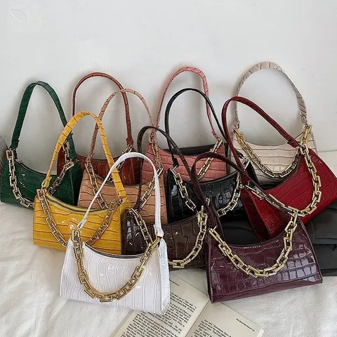 Bolso de Axila de Moda con Patrón de Cocodrilo Bolso de Hombro Baguette Pequeño con Decoración de Cadena de Oro Mujer