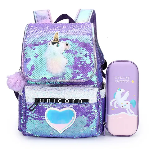 Girls Unicorn Sequin Backpack Cute Cartoon Reversible Sequin School Bag Large Capacity Fashion Student Travel Bag With Pom Pom