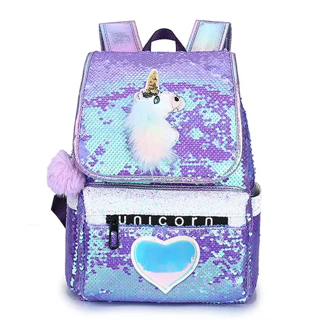 Girls Unicorn Sequin Backpack Cute Cartoon Reversible Sequin School Bag Large Capacity Fashion Student Travel Bag With Pom Pom