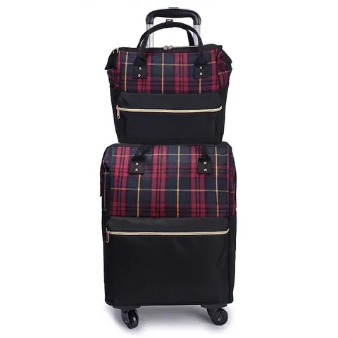 Plaid Oxford Cloth Rolling Travel Bag with Universal Wheels Trolley Luggage Case and Matching Handbag Multipurpose Suitcase for Travel