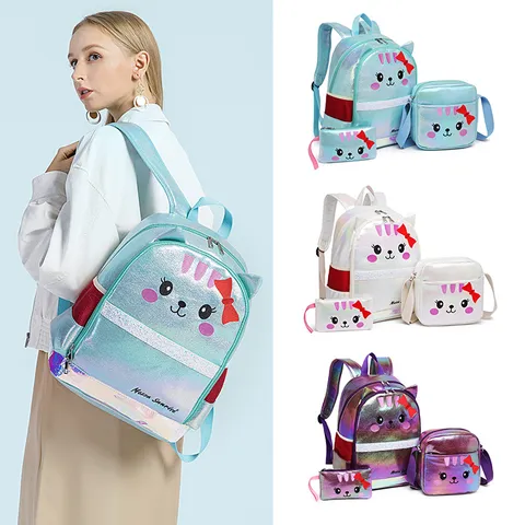 Holographischer Katze Schultasche Schultertasche Federmäppchen Für Mädchen Laser Farbverlauf Kätzchen Rucksack Studenten Reiseausrüstung