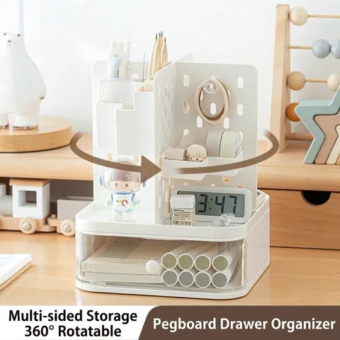 360 Rotating Desktop Pegboard Organizer With Transparent Drawer DIY Stationery Cosmetic Storage Box Punch-Free Tabletop Storage Rack