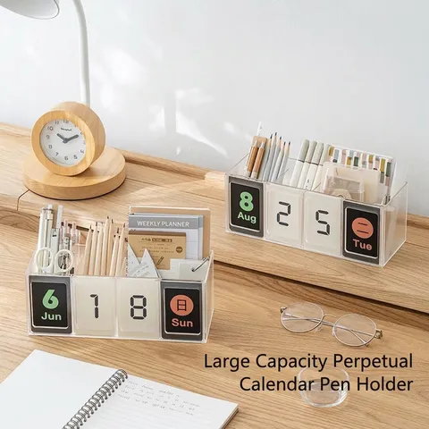 Organizador de Escritorio con Calendario Perpetuo Multifuncional Portabolígrafos de Plástico Transparente Caja de Almacenamiento para Oficina