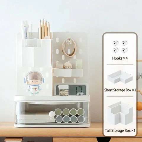 360 Rotating Desktop Pegboard Organizer With Transparent Drawer DIY Stationery Cosmetic Storage Box Punch-Free Tabletop Storage Rack