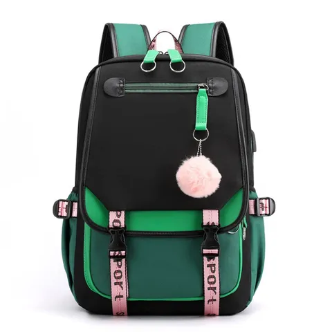 Korean Style Student School Backpack Large Capacity Oxford Cloth USB Charging Port Casual Sport Daypack With Pom-pom