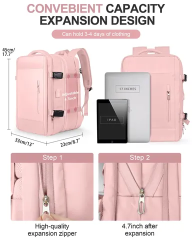 Large Capacity Travel Backpack Oxford Cloth Waterproof Laptop Backpack With USB Charging Port Expandable 40L Carry On Bag Outdoor Sports Casual Daypack Fits 17 Inch Laptop