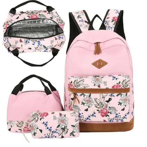 Mochila Casual de Lona Floral para Mujer Conjunto de Tres Piezas Gran Capacidad Bolsa Escolar Bolsa de Viaje Diaria Con Bolsa de Almuerzo