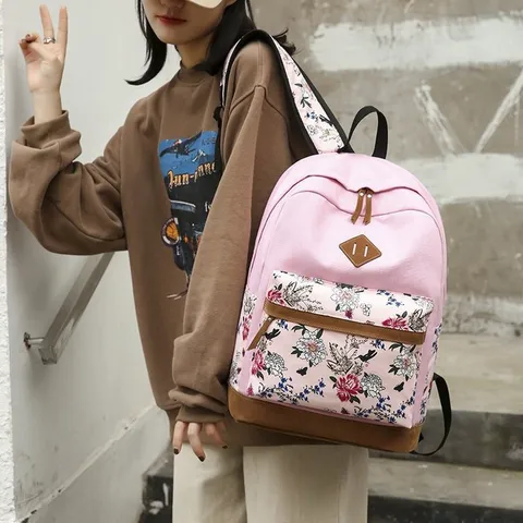 Mochila Casual de Lona Floral para Mujer Conjunto de Tres Piezas Gran Capacidad Bolsa Escolar Bolsa de Viaje Diaria Con Bolsa de Almuerzo