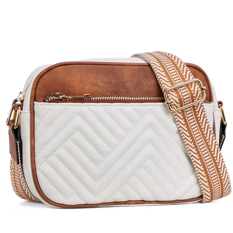 Women Vintage PU Leather Crossbody Bag Chevron Quilted Small Square Shoulder Bag With Wide Boho Strap Contrast Color Purse