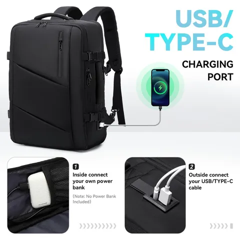 Heren Uitbreidbare Zakelijke Reisrugzak Grote Capaciteit 16 Inch Laptop Tas Waterdicht USB Oplaadpoort Woon-werk Rugzak Zwart