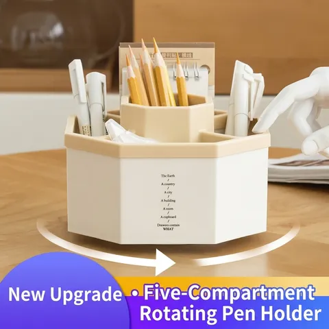 360 Degree Rotating Pen Holder Desk Organizer Large Capacity 5 Compartments Plastic Pencil Cup Makeup Brush Holder For Office School Supplies