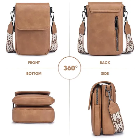 Women's Commuting PU Leather Mobile Phone Crossbody Bag Large Capacity RFID Protection Multi-functional Shoulder Bag With Wide Strap