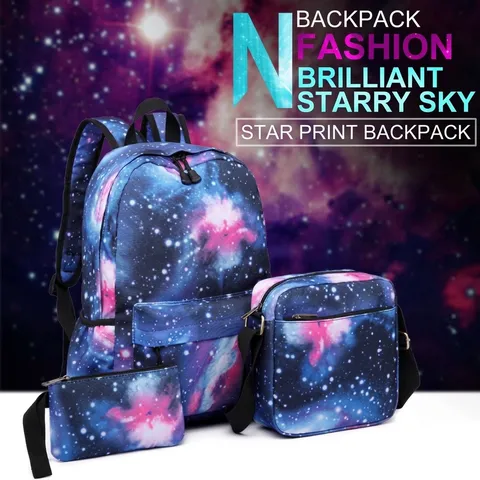 Korean Galaxy Starry Sky Backpack Canvas Travel School Bag Casual Unisex Printed Backpack Shoulder Bag Crossbody Pouch