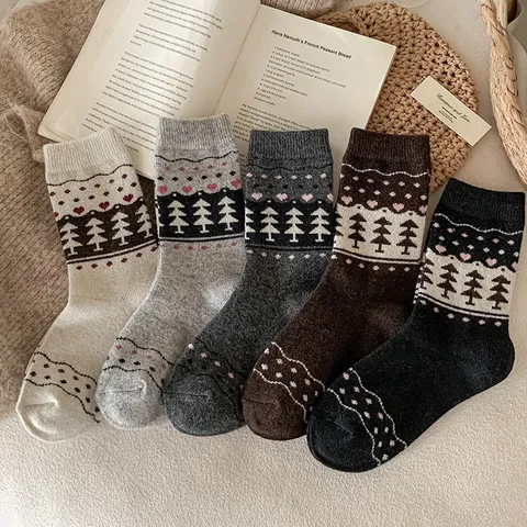 Vintage Fair Isle Wollsocken Damen Winter Warm Verdickt Wadenlang Mori Stil Botanisches Baum Herz Muster Socken