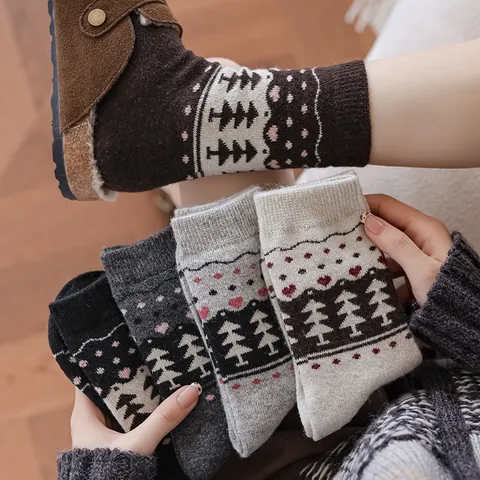 Vintage Fair Isle Wollsocken Damen Winter Warm Verdickt Wadenlang Mori Stil Botanisches Baum Herz Muster Socken