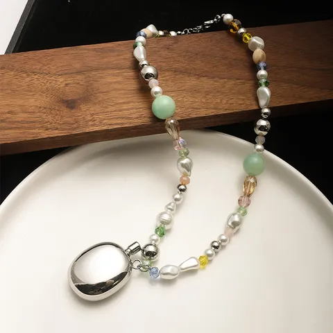 Halskette Im Koreanischen Stil Mit Spiegelpoliertem Kieselanhänger Kupferkette Achat Süßwasserperle Strass Schmuck
