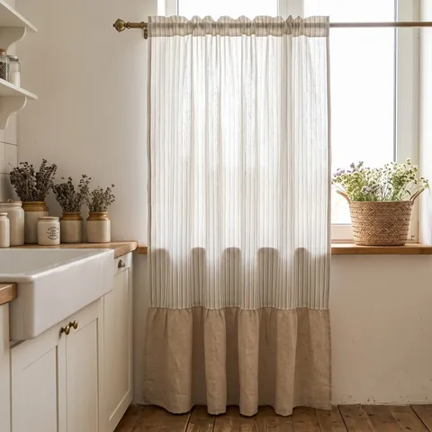 Einfacher Garngefärbter Gestreifter Vorhang Beschattung Wärmedämmung Schlafzimmer Wohnzimmer Rüschensaum Gardine Stangendurchzug Öse Haken