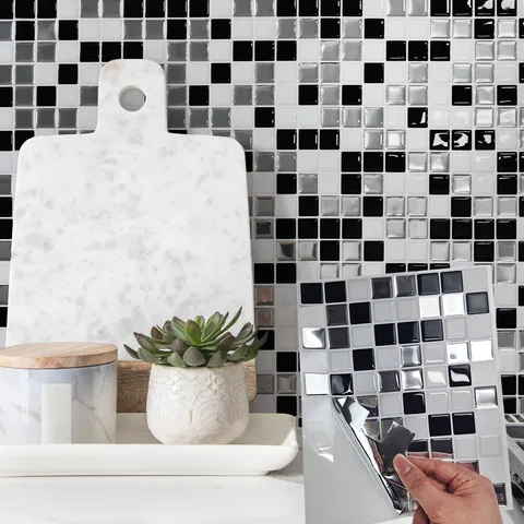 Adesivo da Parete Mosaico Bianco e Nero Moderno Minimalista 3D Epossidico Autoadesivo Piastrelle per Cucina Bagno Decorazione Casa