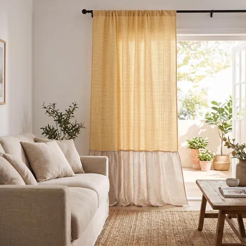 Pastoral Gelb Gingham Rüschen Vorhänge Polyester Baumwolle Karo Patchwork Halbverdunkelung Fenster Vorhänge Für Schlafzimmer Dekor
