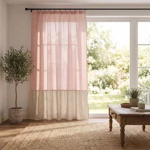 French Gingham Curtains For Study Bedroom Pink White Checkered Polyester Cotton Semi-Blackout Window Drapes With Ruffle Hem Rod Pocket Grommet Hooks Fresh Style Home Decor