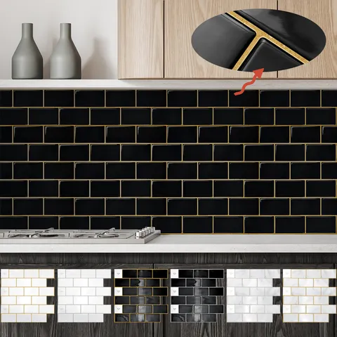 3D Stereo Self-Adhesive Wall Sticker Waterproof Oil-Proof PET Subway Tile Marble Pattern Wall Decal For Kitchen Bathroom Home Decor