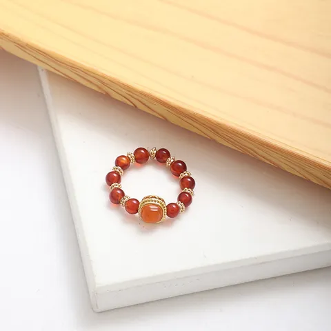Red Agate Beaded Ring Gold Plated Copper New Chinese Light Luxury Stretch Ring Vintage Handcrafted Gemstone Jewelry For Women