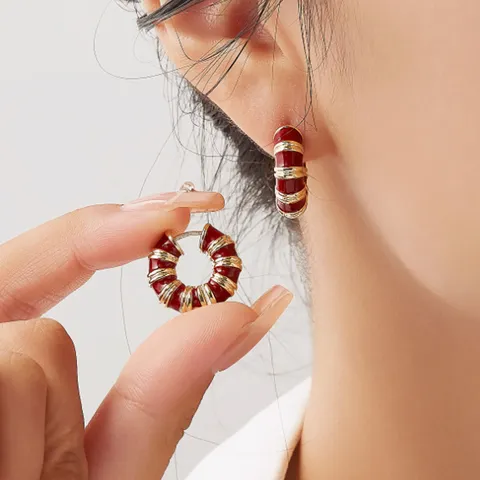French Vintage Ancora Red Enamel Hoop Earrings Elegant Unique Spiral Stripe Copper Earrings For Women Fashion Jewelry Accessories