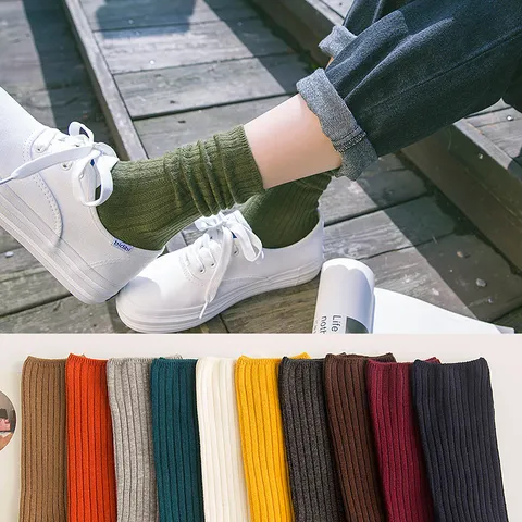 Women Cotton Slouch Socks Mid-Calf Crew Socks Solid Color Korean Preppy Style Ribbed Knitted Warm Winter Socks Multicolor