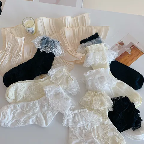 Damen Süße Spitzenbesatz Lolita Wadennische Socken Süße Schleife Lässige Atmungsaktive Baumwolle Kurze Socken Mode Strümpfe