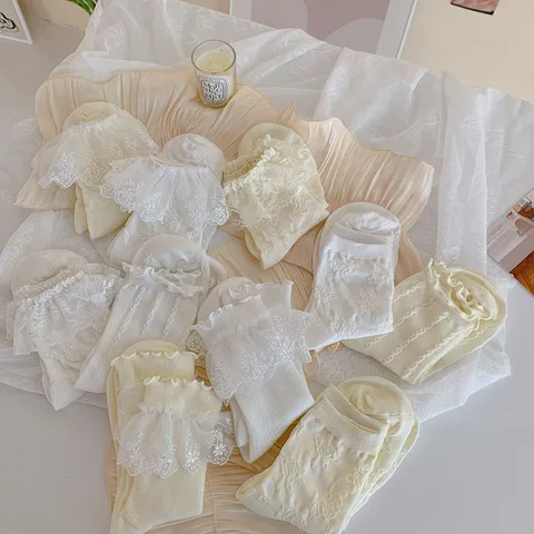Damen Süße Spitzenbesatz Lolita Wadennische Socken Süße Schleife Lässige Atmungsaktive Baumwolle Kurze Socken Mode Strümpfe