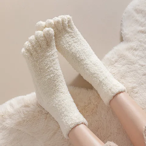 Damen Korallenfleece Einfarbig Fünf Zehen Mittelhohe Socken Verdickt Warm Winter Schlaf Boden Socken