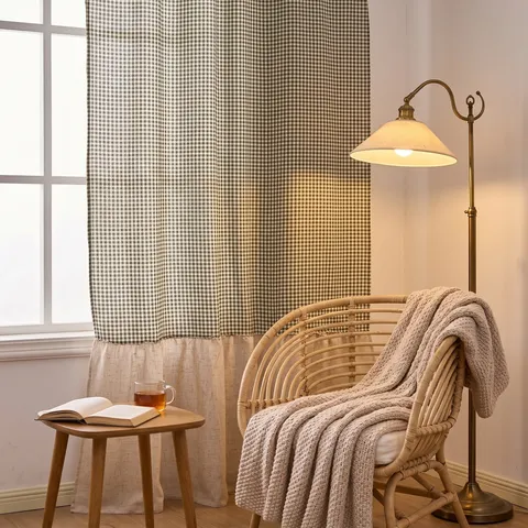 Franse Landelijke Stijl Gingham Geruite Gordijnen Polyester Katoen Splicing Roffel Verduisterende Gordijnen Voor Woonkamer