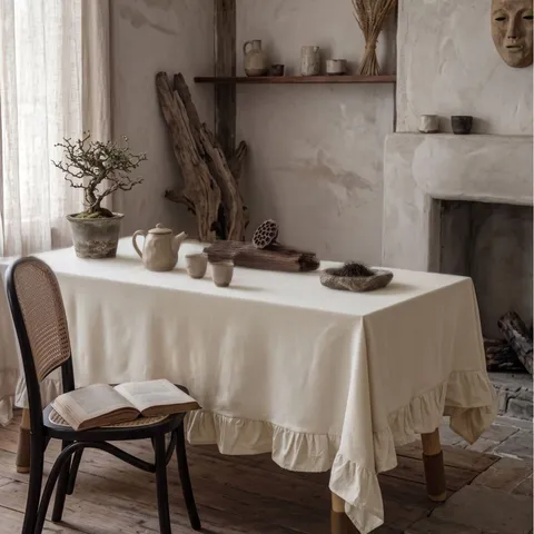 Tovaglia in Cotone Lavato a Tinta Unita Con Bordo con Volant Semplice Rettangolare Copritavolo per Sala da Pranzo Cucina Picnic All'aperto
