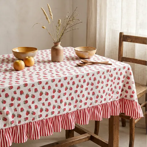 Franse Vintage Pastorale Katoen Linnen Tafelkleed Hittebestendig Aardbeienprint Ruffled Rand Gestreepte Splicing Tafel Cover Decor