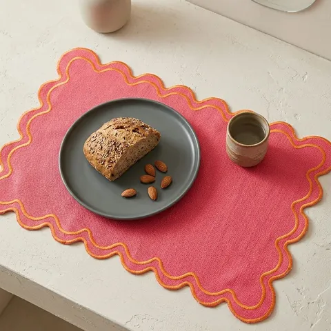Vintage Embroidered Scalloped Edge Polyester Placemat Ins Style Floral Embroidery Dining Table Decoration Washable Table Mat