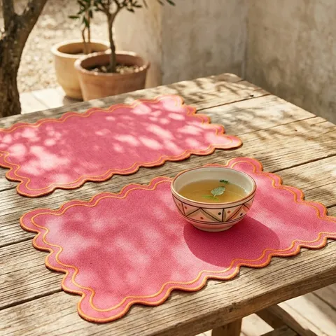 Vintage Embroidered Scalloped Edge Polyester Placemat Ins Style Floral Embroidery Dining Table Decoration Washable Table Mat