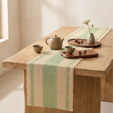 Camino de Mesa de Estilo Rural Americano de Papel Trenzado Calado Rayado Con Borla Decorativo para Mesa de Comedor Mesa de Centro Aparador