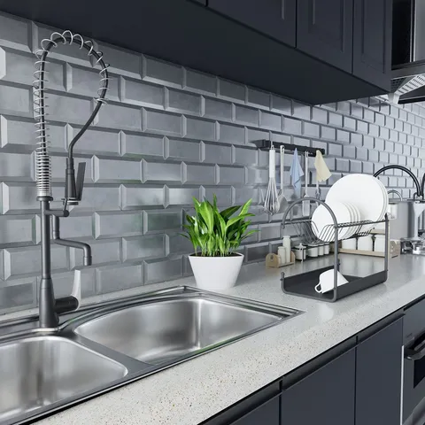Piastrelle da Parete 3D Texture Metallo PVC Spazzolato Autoadesivo Impermeabile Antiolio Adesivi Mattoni per Cucina Bagno Fai da Te