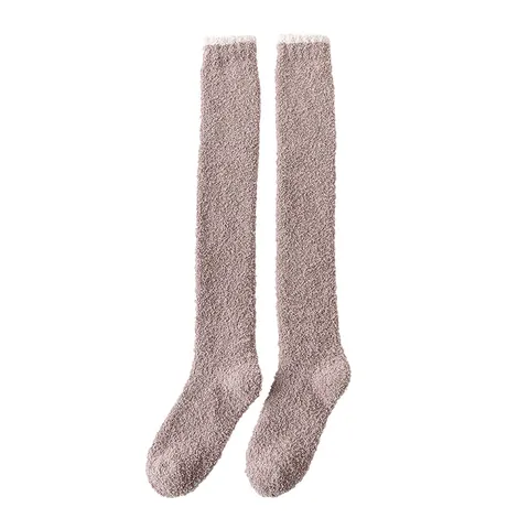 Women Sweet Nylon Solid Color Thickened Thermal Over The Knee Thigh High Sleep Socks Fluffy Soft Coral Fleece Home Floor Long Stockings